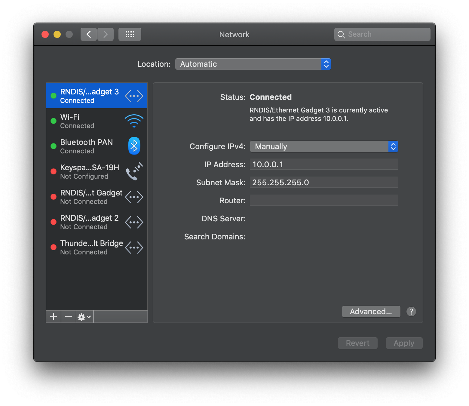 MacOS Catalina Network settings showing multiple RNDIS ethernet gadget interfaces